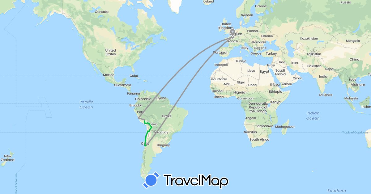 TravelMap itinerary: bus, plane, train in Bolivia, Chile, France, Peru (Europe, South America)